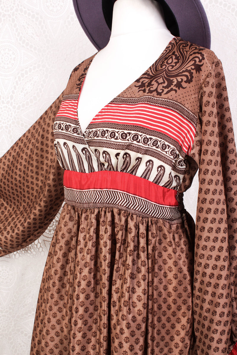 Rosemary Maxi Dress - Vintage Indian Sari - Hazelnut & Red Floral Paisley - S/M