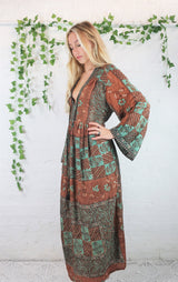 Gaia Kaftan Dress - Vintage Indian Sari - Indigo & Raspberry Abstract - Free Size