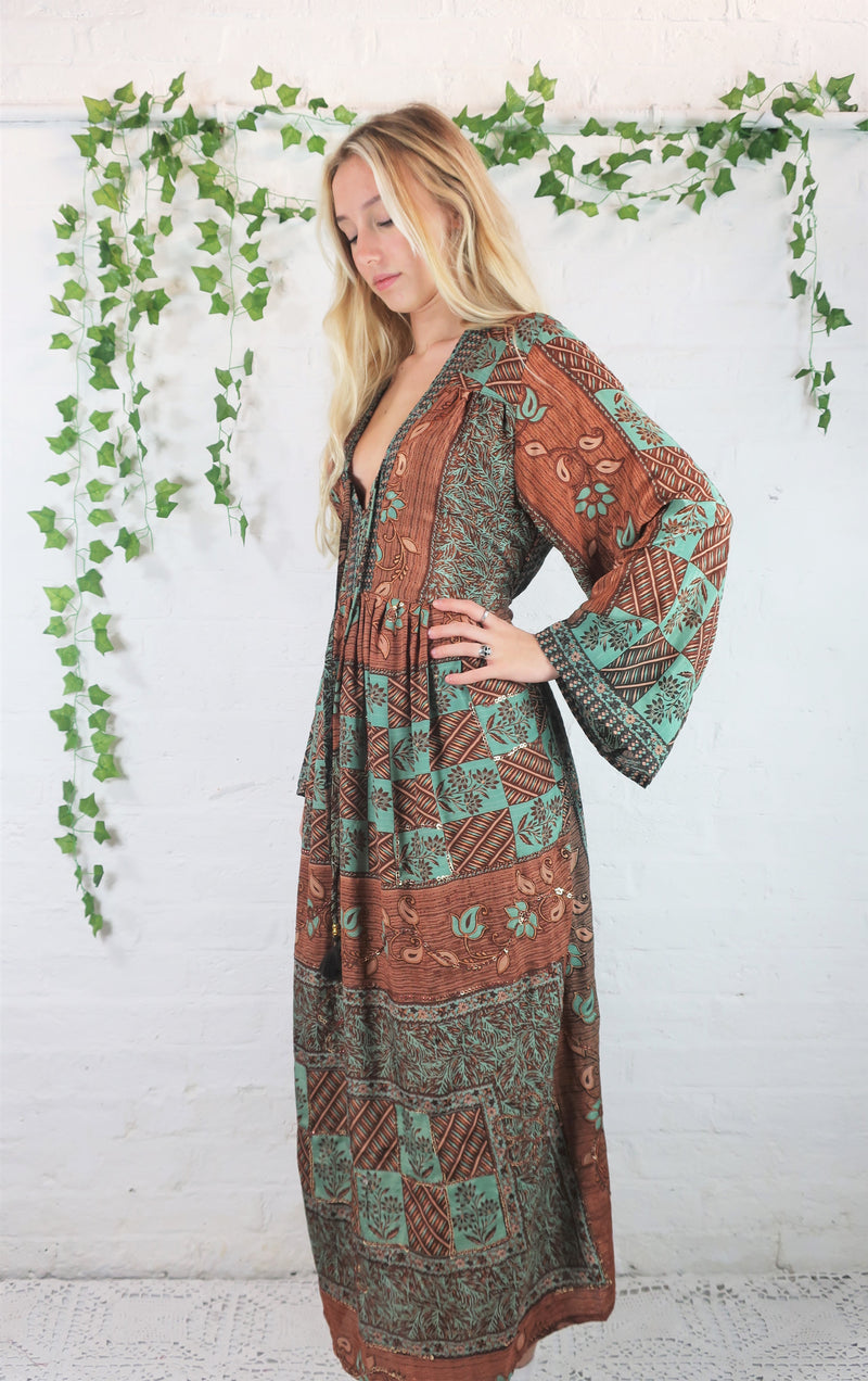 Gaia Kaftan Dress - Vintage Indian Sari - Indigo & Raspberry Abstract - Free Size