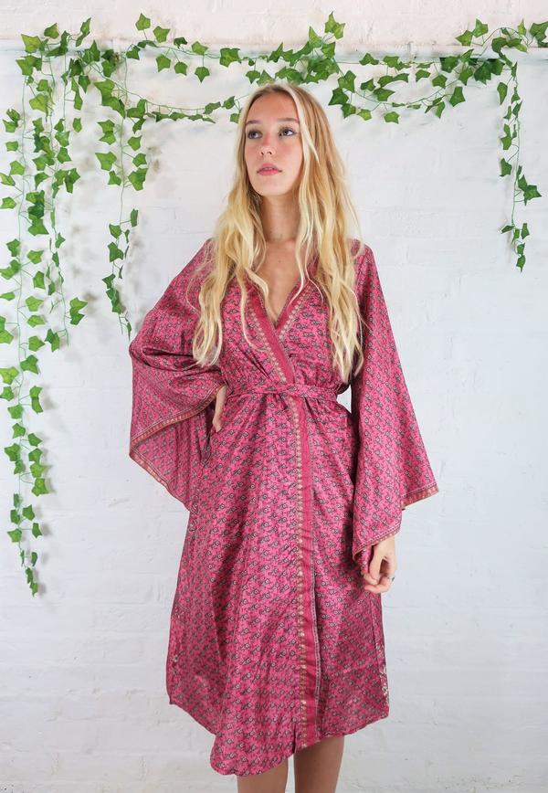 Gemini Kimono - Vintage Indian Sari - Sky Blue, Rose & Gold Paisley - Size S/M