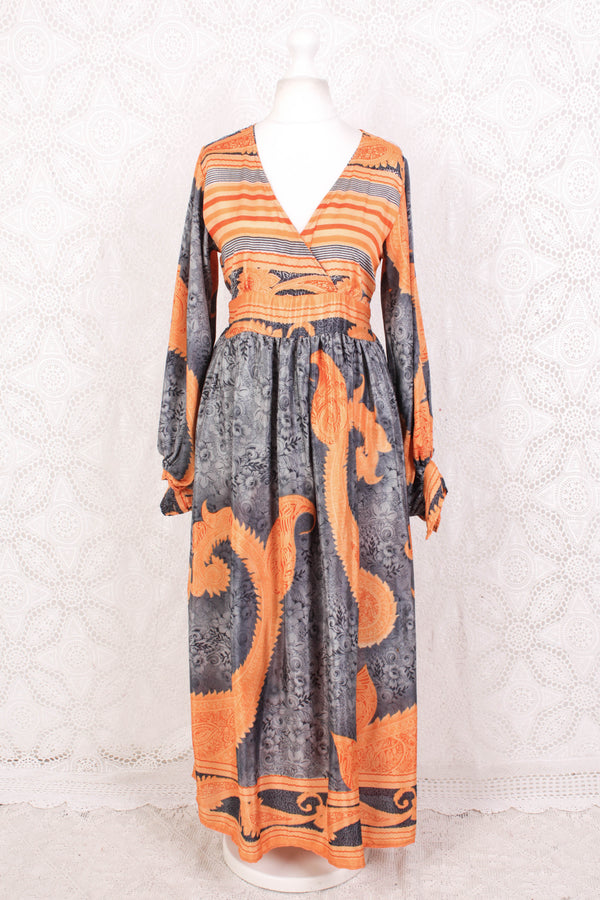 Rosemary Maxi Dress - Vintage Indian Sari - Dark Silver & Orange Florals - S/M