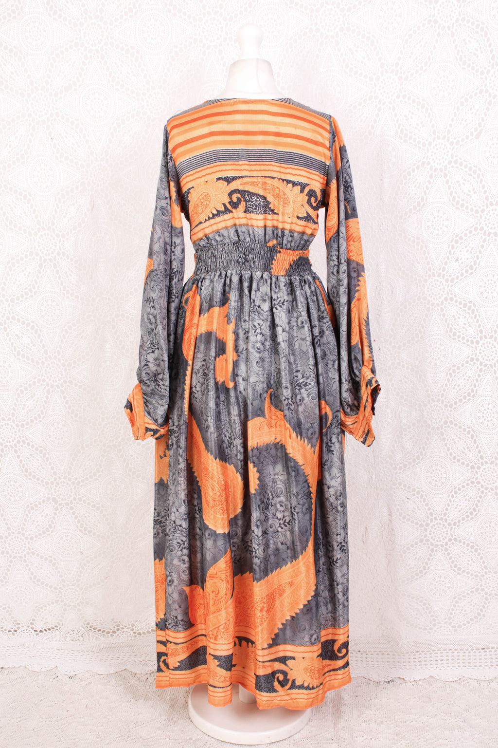 Rosemary Maxi Dress - Vintage Indian Sari - Dark Silver & Orange Florals - S/M