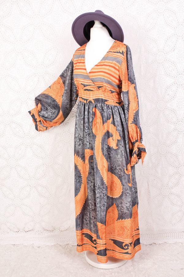 Rosemary Maxi Dress - Vintage Indian Sari - Dark Silver & Orange Florals - S/M