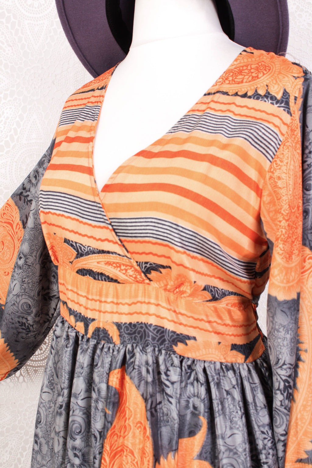 Rosemary Maxi Dress - Vintage Indian Sari - Dark Silver & Orange Florals - S/M