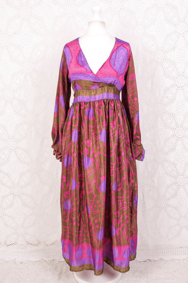 Rosemary Maxi Dress - Vintage Indian Sari - Bronze, Pink & Purple - S/M