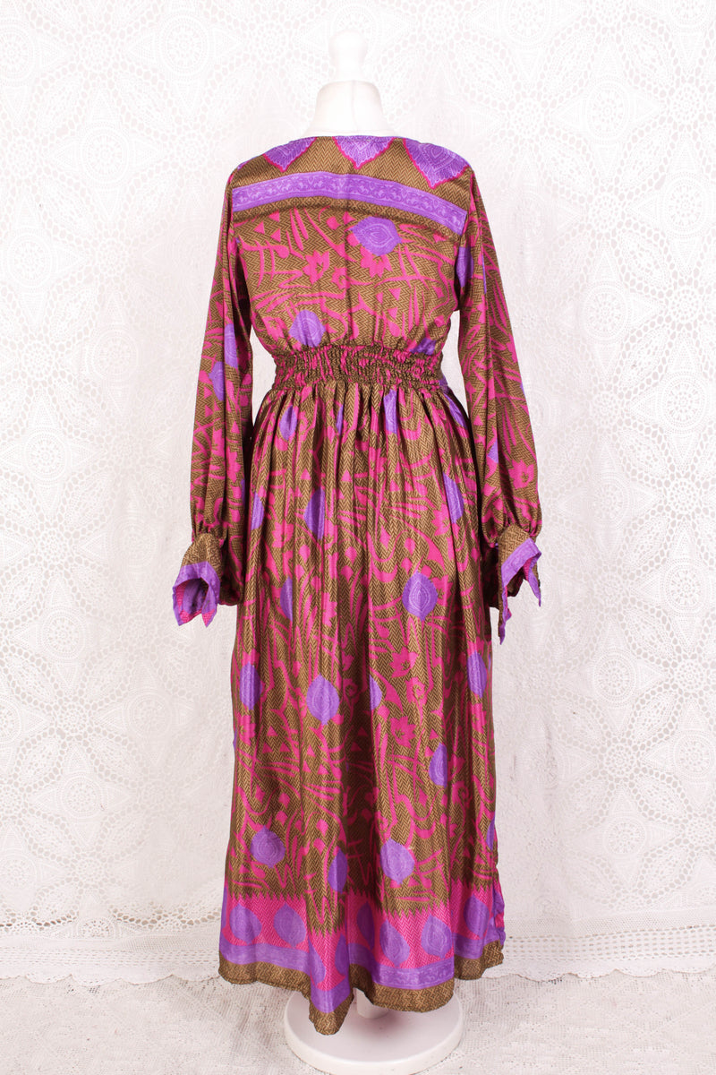 Rosemary Maxi Dress - Vintage Indian Sari - Bronze, Pink & Purple - S/M