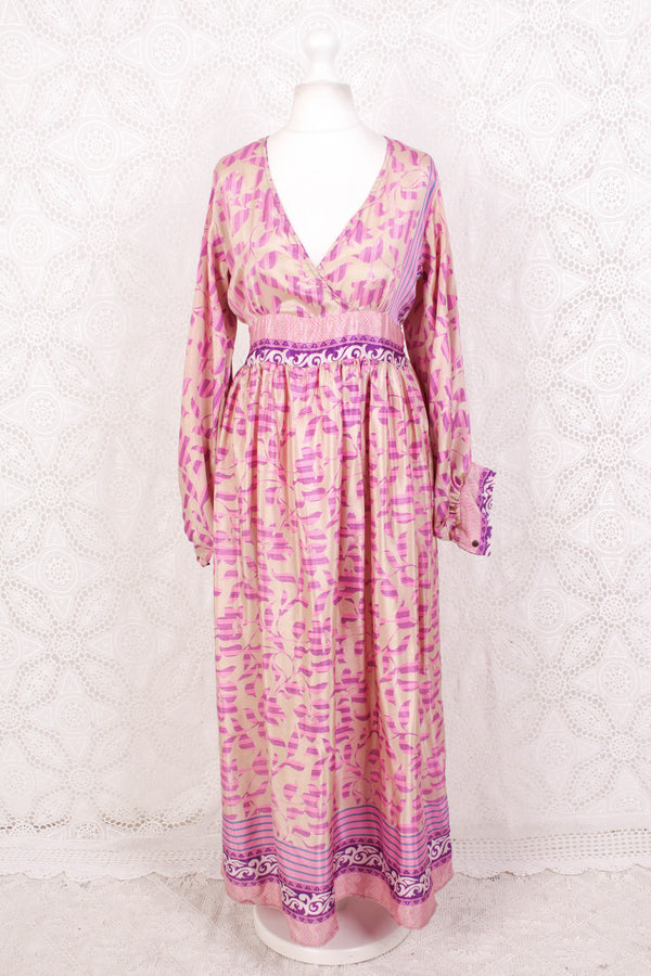 Rosemary Maxi Dress - Vintage Indian Sari - Shea Butter & Pink Floral - S/M