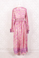 Rosemary Maxi Dress - Vintage Indian Sari - Shea Butter & Pink Floral - S/M