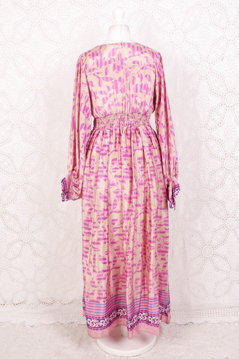 Rosemary Maxi Dress - Vintage Indian Sari - Shea Butter & Pink Floral - S/M