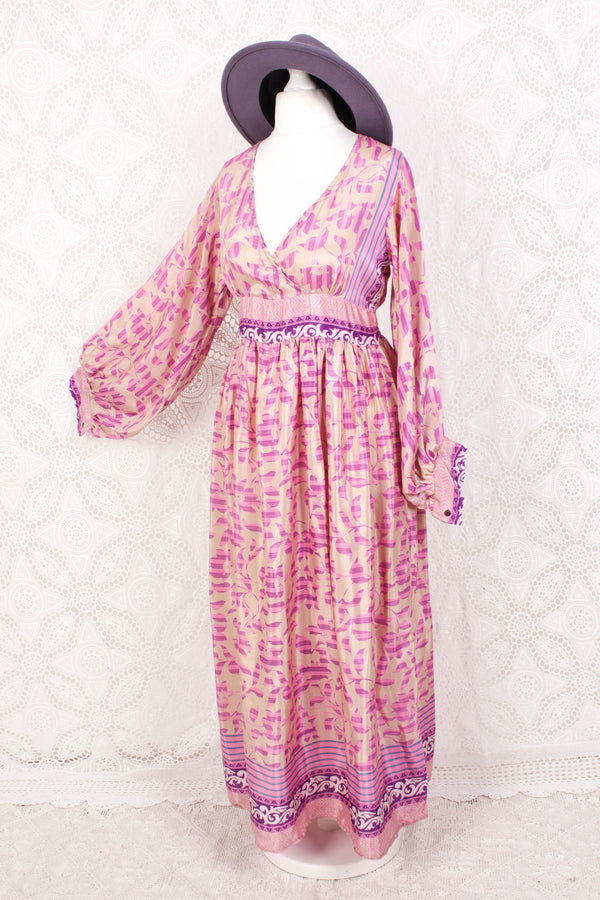 Rosemary Maxi Dress - Vintage Indian Sari - Shea Butter & Pink Floral - S/M