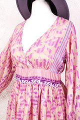 Rosemary Maxi Dress - Vintage Indian Sari - Shea Butter & Pink Floral - S/M