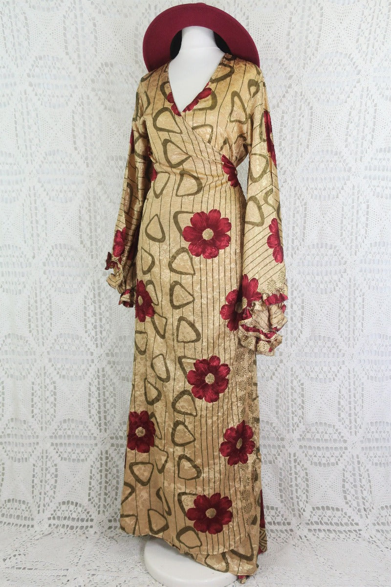 Venus Maxi Wrap Dress - Parchment & Ruby Floral Shimmer - Vintage Indian Sari - XS - S/M by All About Audrey