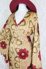 Venus Maxi Wrap Dress - Parchment & Ruby Floral Shimmer - Vintage Indian Sari - XS - S/M by All About Audrey