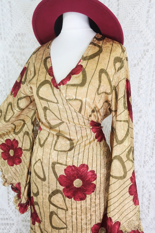 Venus Maxi Wrap Dress - Parchment & Ruby Floral Shimmer - Vintage Indian Sari - XS - S/M by All About Audrey