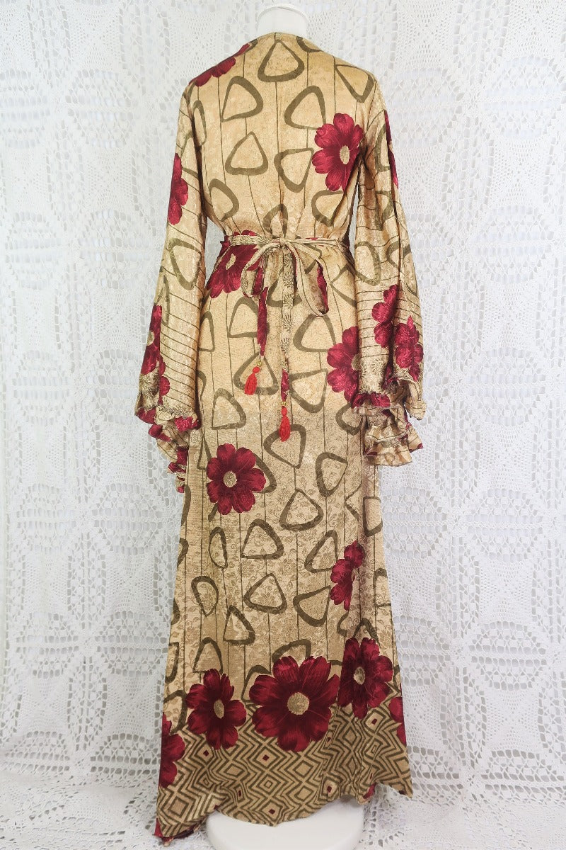 Venus Maxi Wrap Dress - Parchment & Ruby Floral Shimmer - Vintage Indian Sari - XS - S/M by All About Audrey