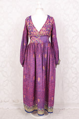 Rosemary Maxi Dress - Vintage Indian Sari - Steely Blue & Electric Coral Floral Paisley - XS/S