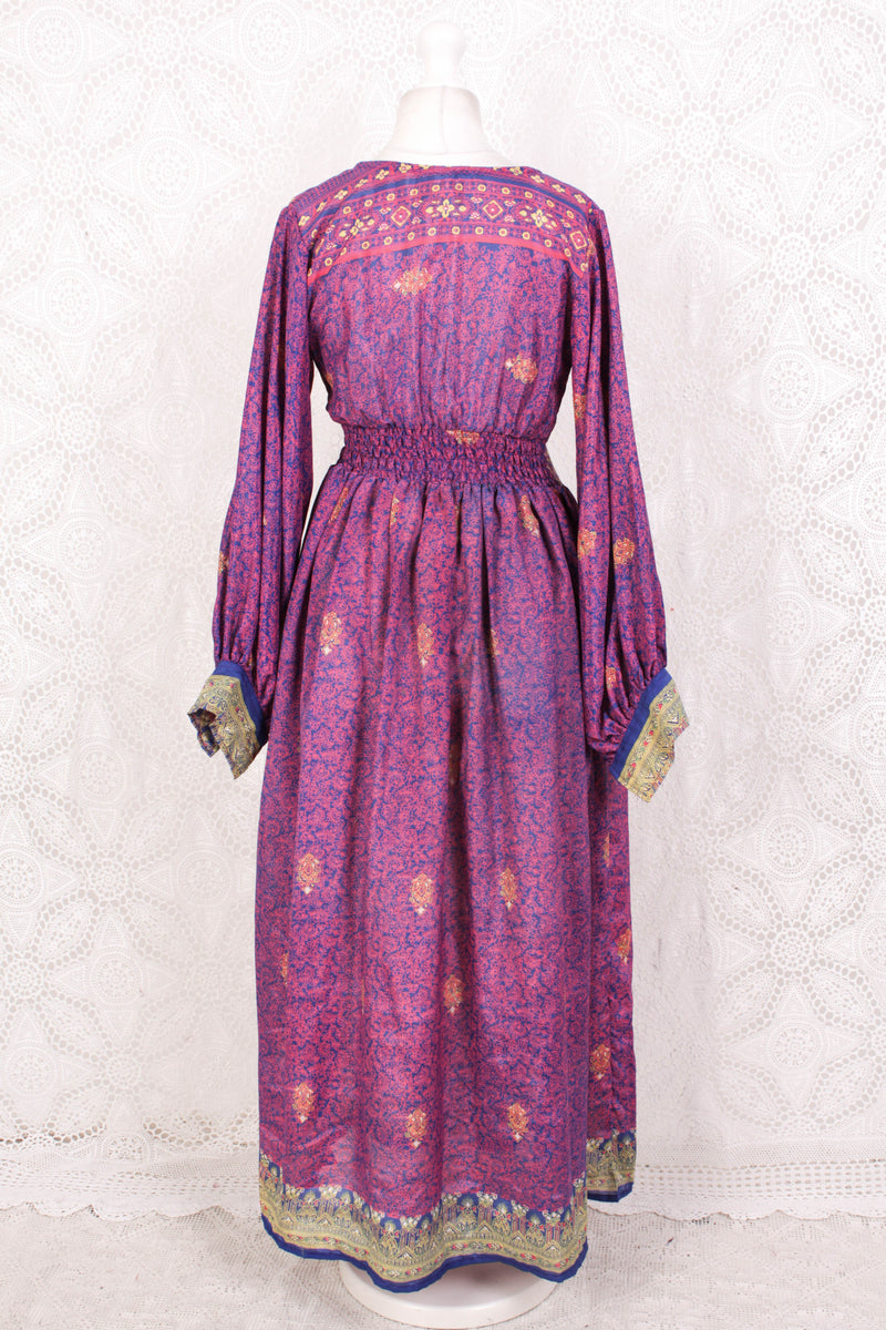 Rosemary Maxi Dress - Vintage Indian Sari - Steely Blue & Electric Coral Floral Paisley - XS/S