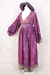 Rosemary Maxi Dress - Vintage Indian Sari - Steely Blue & Electric Coral Floral Paisley - XS/S