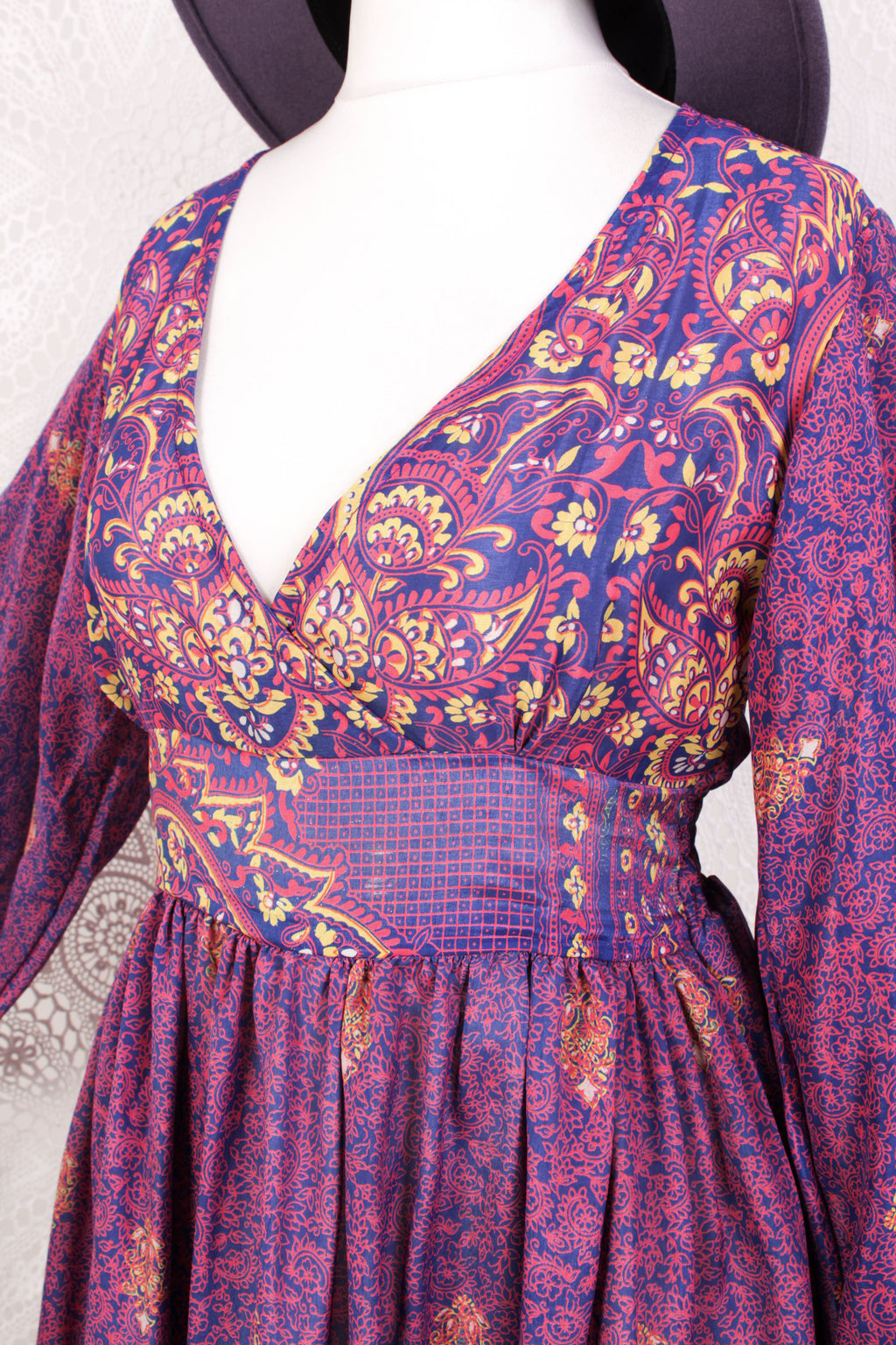 Rosemary Maxi Dress - Vintage Indian Sari - Steely Blue & Electric Coral Floral Paisley - XS/S