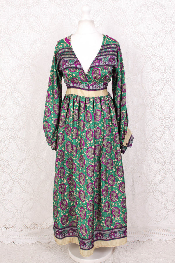 Rosemary Maxi Dress - Vintage Indian Sari - Emerald & Magenta Peacock Illustrations - XS/S