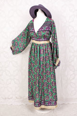 Rosemary Maxi Dress - Vintage Indian Sari - Emerald & Magenta Peacock Illustrations - XS/S