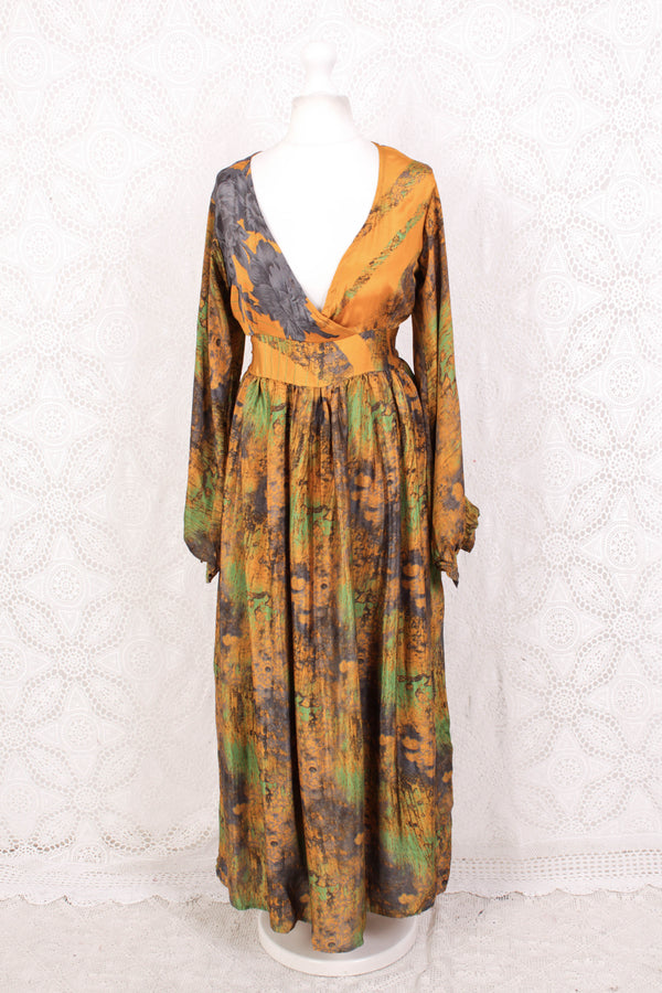 Rosemary Maxi Dress - Vintage Indian Sari - Mustard, Slate & Green Abstract -XS/S