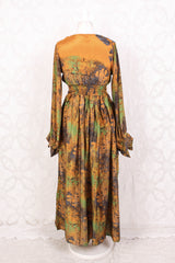 Rosemary Maxi Dress - Vintage Indian Sari - Mustard, Slate & Green Abstract -XS/S