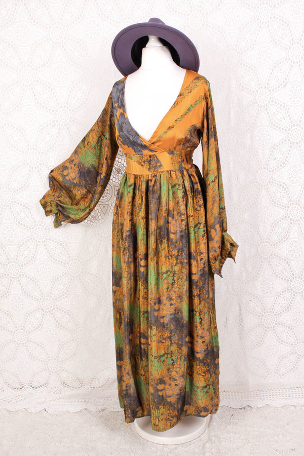 Rosemary Maxi Dress - Vintage Indian Sari - Mustard, Slate & Green Abstract -XS/S