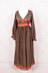 Rosemary Maxi Dress - Vintage Indian Sari - Jade & Cantaloupe Floral Paisley - XS/S