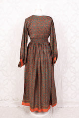 Rosemary Maxi Dress - Vintage Indian Sari - Jade & Cantaloupe Floral Paisley - XS/S