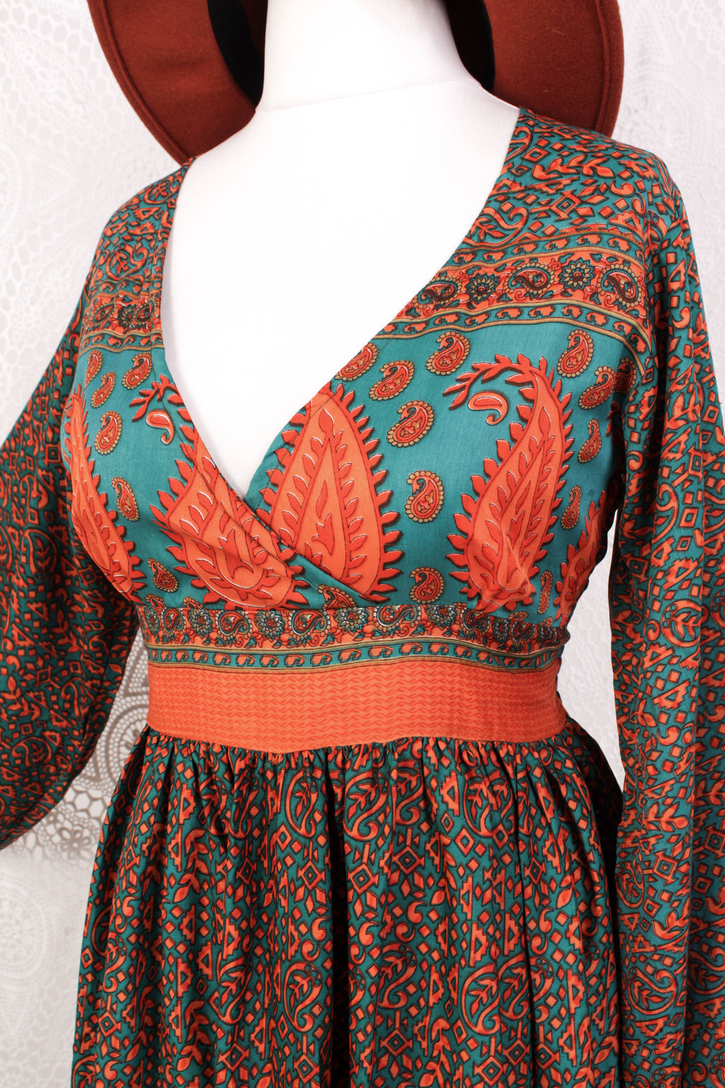 Rosemary Maxi Dress - Vintage Indian Sari - Jade & Cantaloupe Floral Paisley - XS/S
