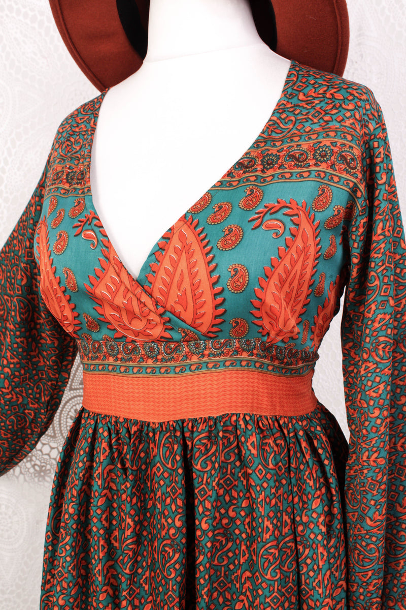 Rosemary Maxi Dress - Vintage Indian Sari - Jade & Cantaloupe Floral Paisley - XS/S