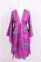 Gemini Bell Sleeve Midi Kimono/Dress - Sheer Orchid & Lilac Floral Vintage Sari - Size M/L