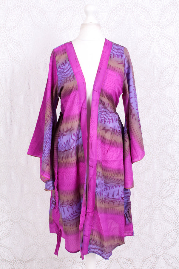 Gemini Bell Sleeve Midi Kimono/Dress - Sheer Orchid & Lilac Floral Vintage Sari - Size M/L