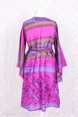 Gemini Bell Sleeve Midi Kimono/Dress - Sheer Orchid & Lilac Floral Vintage Sari - Size M/L