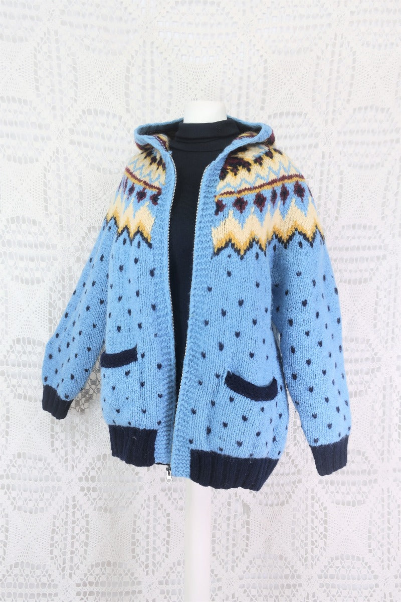Vintage Hooded Cardigan - Baby Blue Polka Dot - Size S/M by all about audrey