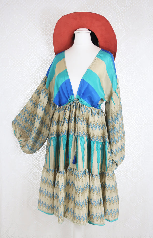 Gypsophila Mini Dress - Vintage Indian Sari - Gold & Sea Blue Graphic - S/M