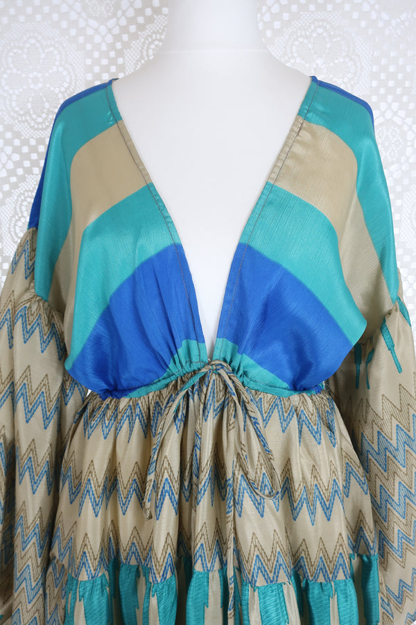 Gypsophila Mini Dress - Vintage Indian Sari - Gold & Sea Blue Graphic - S/M