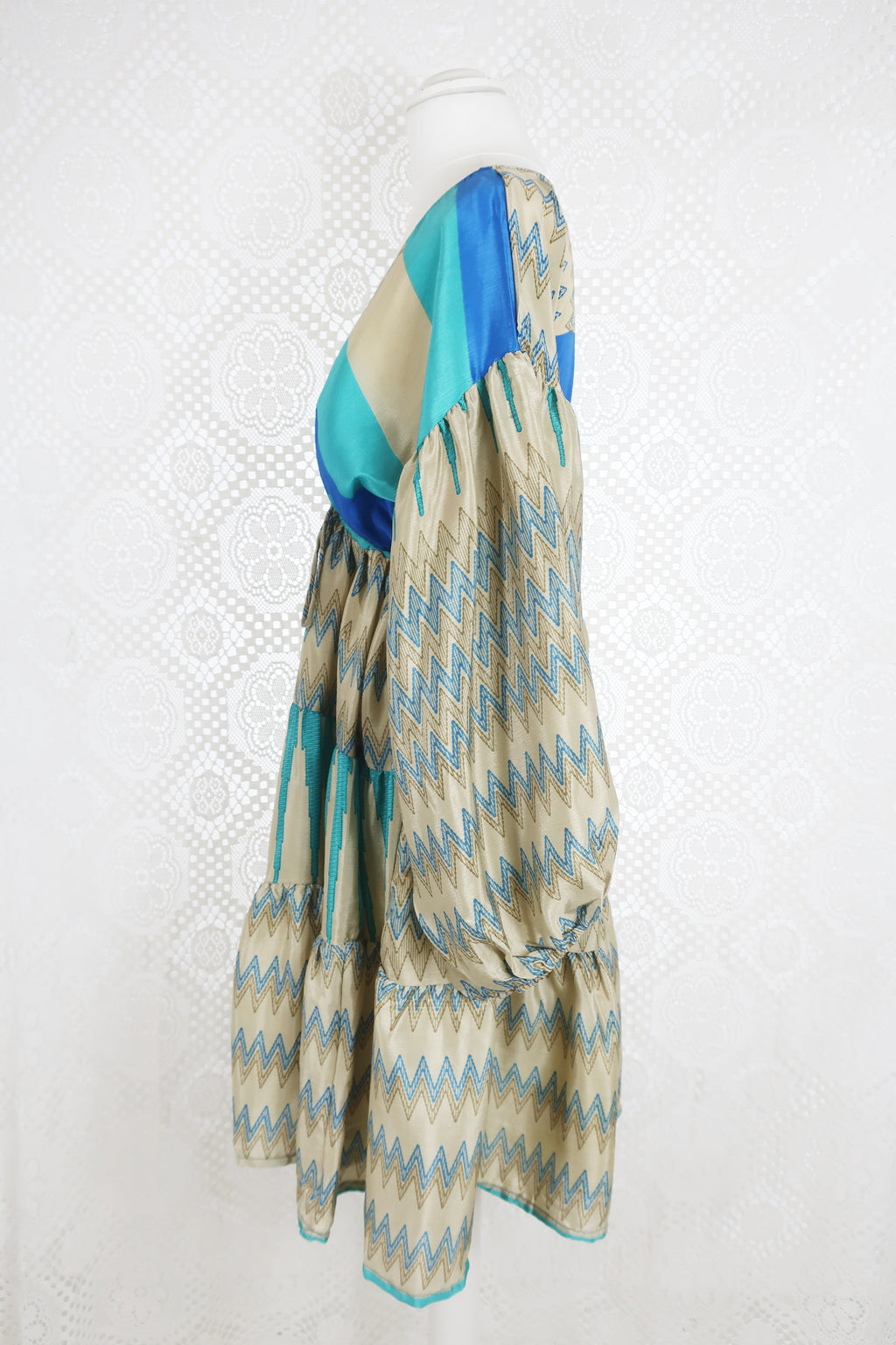 Gypsophila Mini Dress - Vintage Indian Sari - Gold & Sea Blue Graphic ...