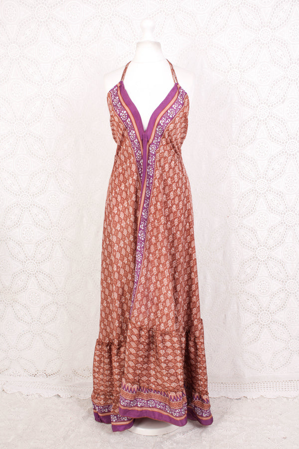 Blossom Maxi Halter Dress - Vintage Indian Sari - Soft Clay & Purple Graphic Print - Free Size