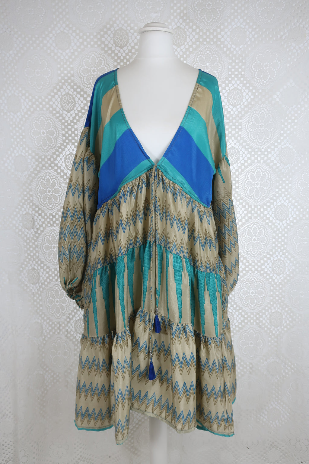 Gypsophila Mini Dress - Vintage Indian Sari - Gold & Sea Blue Graphic - S/M