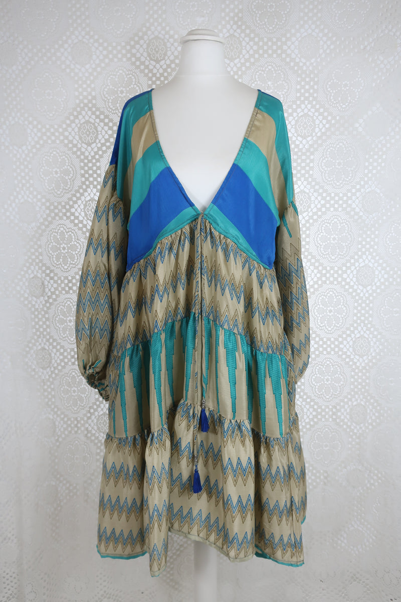 Gypsophila Mini Dress - Vintage Indian Sari - Gold & Sea Blue Graphic - S/M