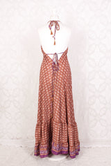 Blossom Maxi Halter Dress - Vintage Indian Sari - Soft Clay & Purple Graphic Print - Free Size