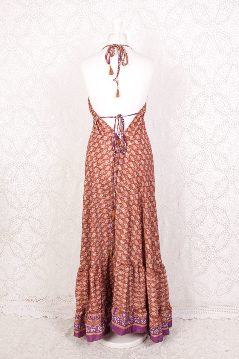 Blossom Maxi Halter Dress - Vintage Indian Sari - Soft Clay & Purple Graphic Print - Free Size