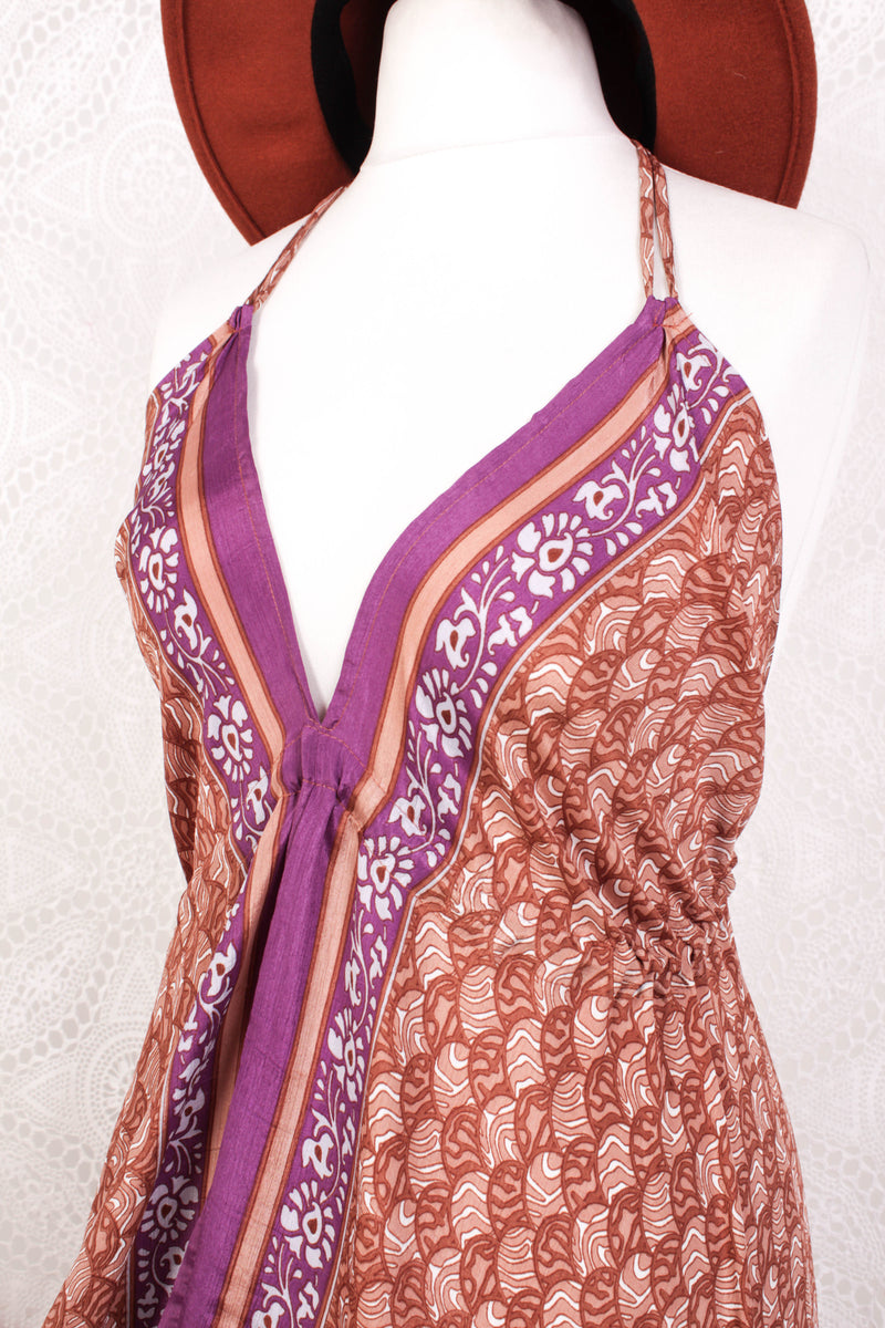 Blossom Maxi Halter Dress - Vintage Indian Sari - Soft Clay & Purple Graphic Print - Free Size