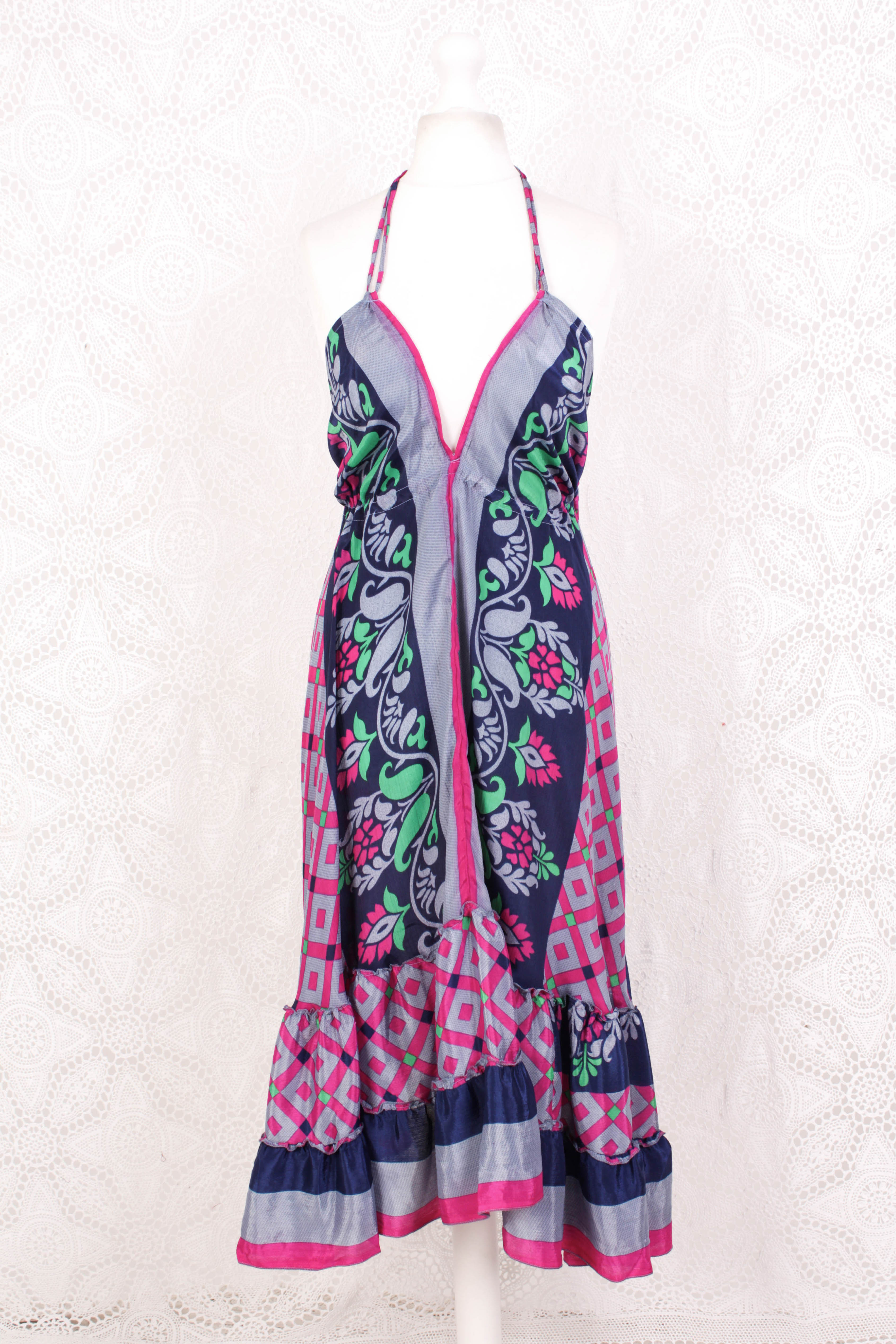Blossom Mini Halter Dress - Vintage Indian Sari - Moonlight, Inky Blue & Pink Graphic - XL