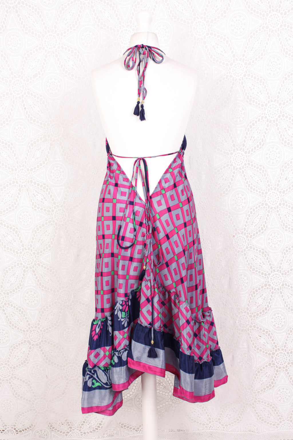 Blossom Mini Halter Dress - Vintage Indian Sari - Moonlight, Inky Blue & Pink Graphic - XL