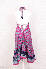 Blossom Mini Halter Dress - Vintage Indian Sari - Moonlight, Inky Blue & Pink Graphic - XL