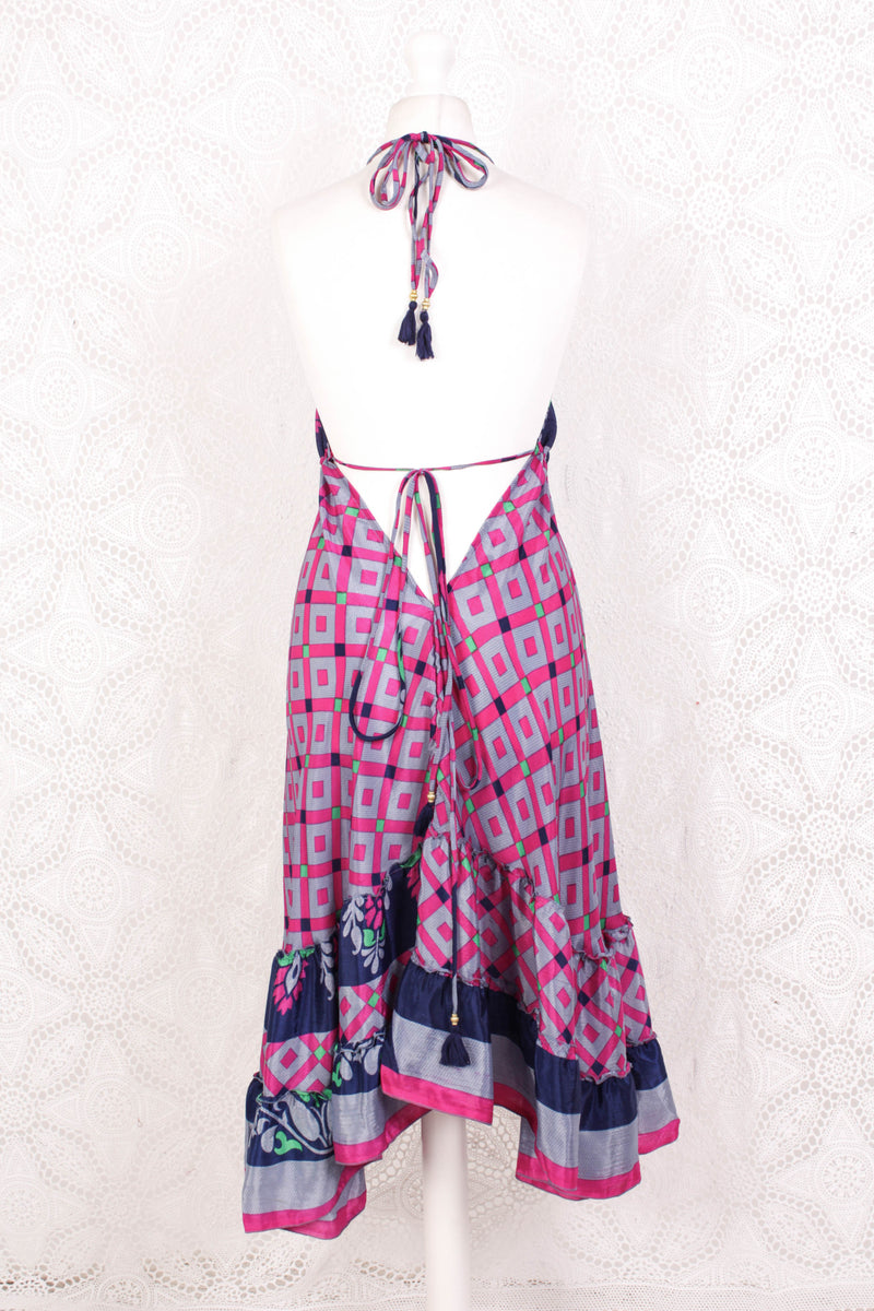 Blossom Mini Halter Dress - Vintage Indian Sari - Moonlight, Inky Blue & Pink Graphic - XL