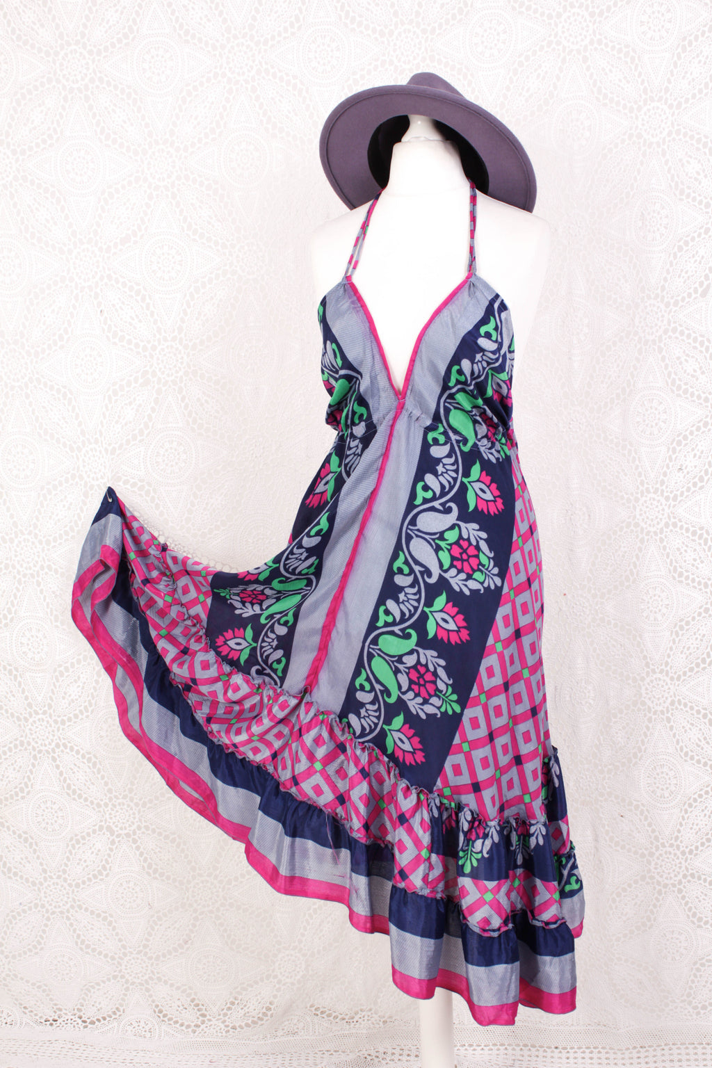 Blossom Mini Halter Dress - Vintage Indian Sari - Moonlight, Inky Blue & Pink Graphic - XL
